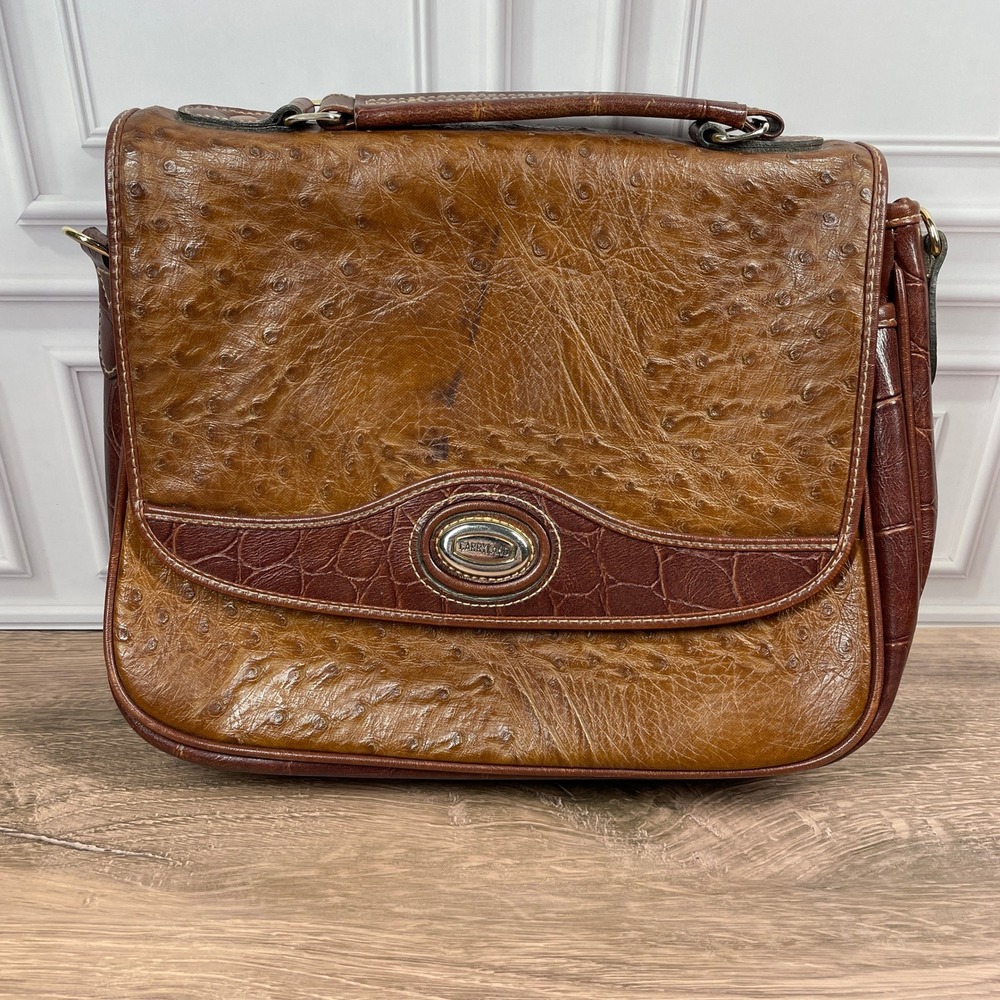 Carryland Ostrich Embossed Brown Leather Satchel Crossbody Bag Vintage